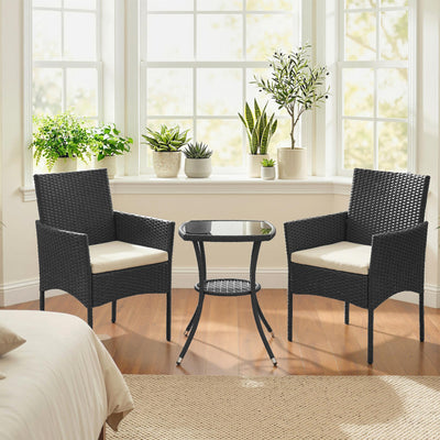 Outsunny 3 Piece Rattan Bistro Set, PE Wicker Garden Furniture Conversation Set with 2 Tier Glass-Top Table, Chairs, Cream White 