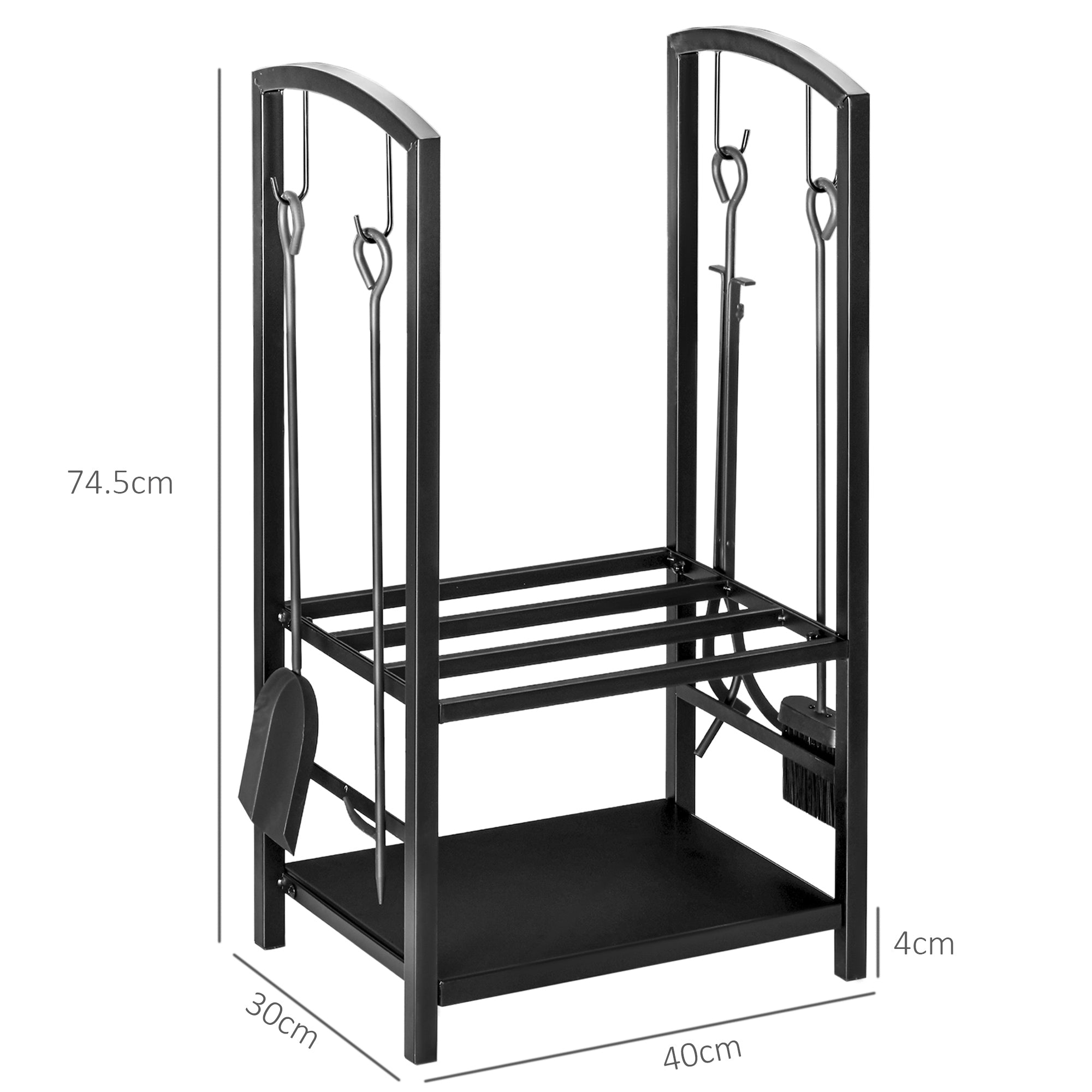 Outsunny Metal Firewood Log Holder 2 Layer Firewood Rack Indoor Outdoor Fireplace Wood Storage Shelf with 4 Tools and Hooks, Black, 40L x 30W x 74.5H cm 