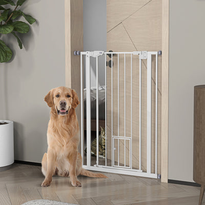PawHut Extra Tall Pet Gate, Indoor Dog Safety Gate, with Cat Flap, Auto Close, 74-80cm Wide - White 