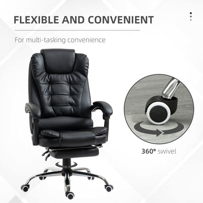 HOMCOM Executive Office Chair, PU Leather Home Office Chair with Swivel Wheels, Reclining Backrest, Retractable Footrest, Black 