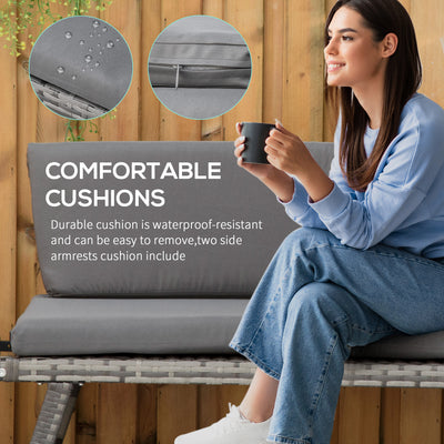Outsunny 2 Seater Rattan Sofa with Cushions, 2-in-1 PE Rattan Daybed Sofa with Left Up or Down Armrests, Garden Chaise Lounger Loveseat for Outdoor, Patio, Mixed Grey 