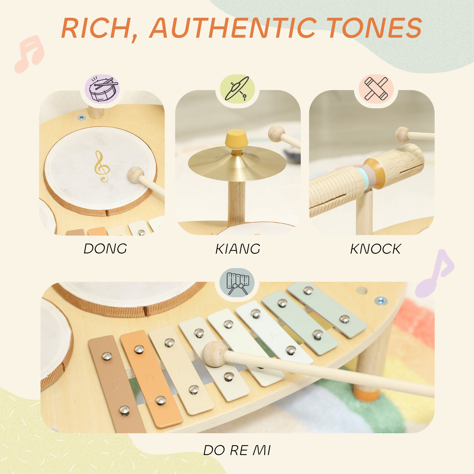 AIYAPLAY Baby Drum Kit, Wooden Kids Musical Instruments with Drums and Xylophone, Gifts for Girls Boys Birthday, Natural 