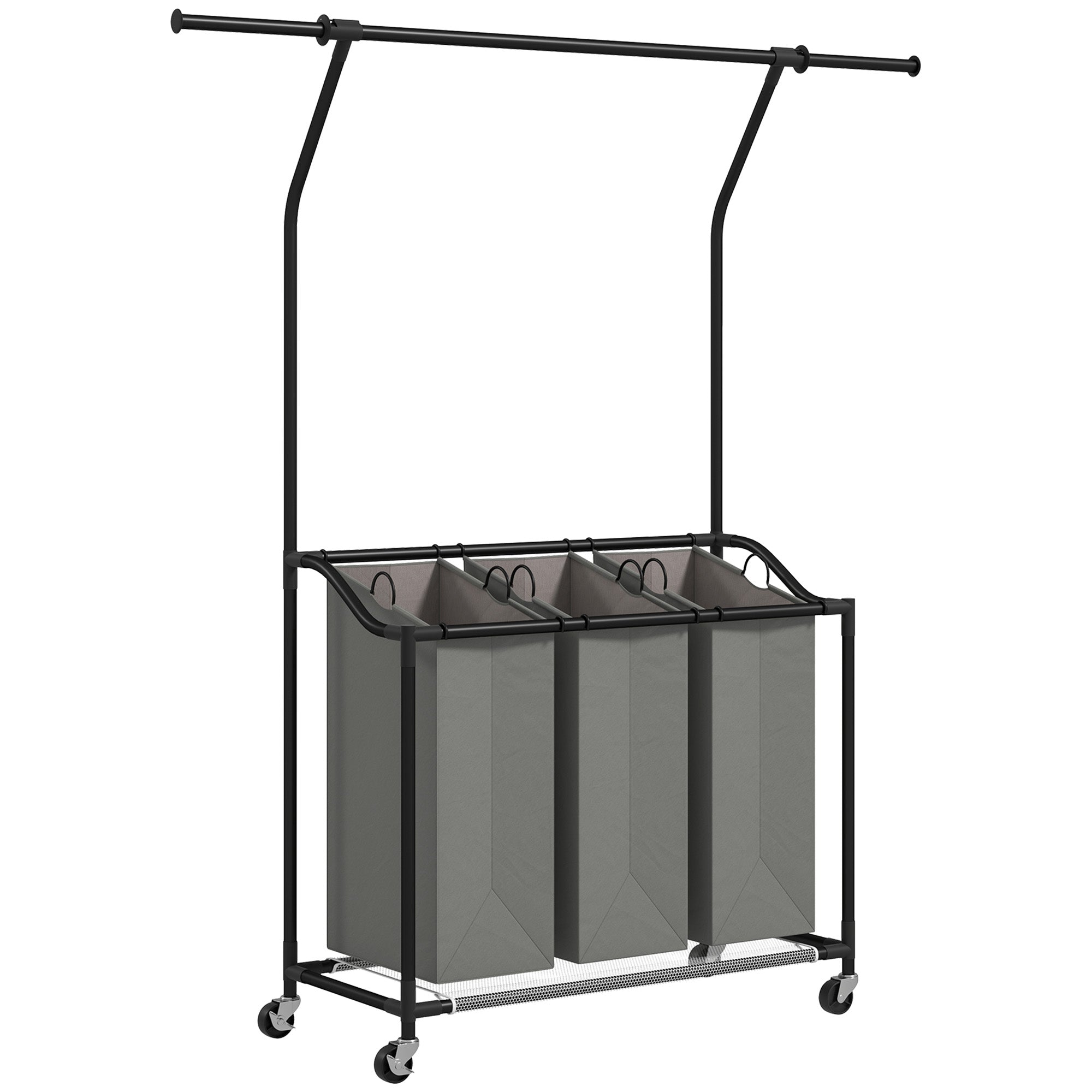 HOMCOM 126L Laundry Sorter, Rolling Wash Basket with Hanging Rail and Mobile 3-Bag Organiser for Bedroom, Bathroom, Laundry Room, 88-149.5L x 40W x 167H cm, Dark Grey 