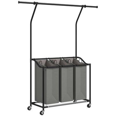 HOMCOM 126L Laundry Sorter, Rolling Wash Basket with Hanging Rail and Mobile 3-Bag Organiser for Bedroom, Bathroom, Laundry Room, 88-149.5L x 40W x 167H cm, Dark Grey 