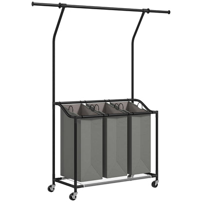 HOMCOM 126L Laundry Sorter, Rolling Wash Basket with Hanging Rail and Mobile 3-Bag Organiser for Bedroom, Bathroom, Laundry Room, 88-149.5L x 40W x 167H cm, Dark Grey 