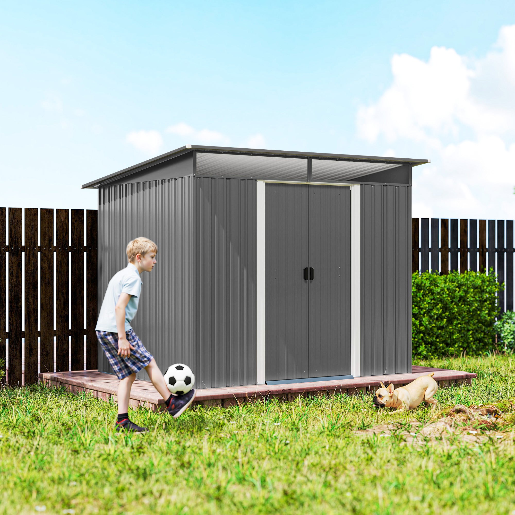 Outsunny 9ft x 6.5ft Garden Storage Shed with Top Window, Metal Outdoor Shed Tool House with Double Doors, Light Grey 
