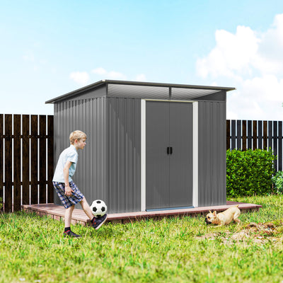 Outsunny 9ft x 6.5ft Garden Storage Shed with Top Window, Metal Outdoor Shed Tool House with Double Doors, Light Grey 