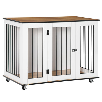 PawHut Dog Crate Furniture, Dog Cage End Table with Wheels, Lockable Door, for Medium Dogs, 106 x 60 x 82 cm - White 