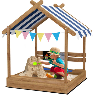 Outsunny House-Designed Wooden Sandbox, Outdoor Sandpit, with Blackboard, Toys, Sink, Seats, Flags, for Ages 3-7 Years - Brown 
