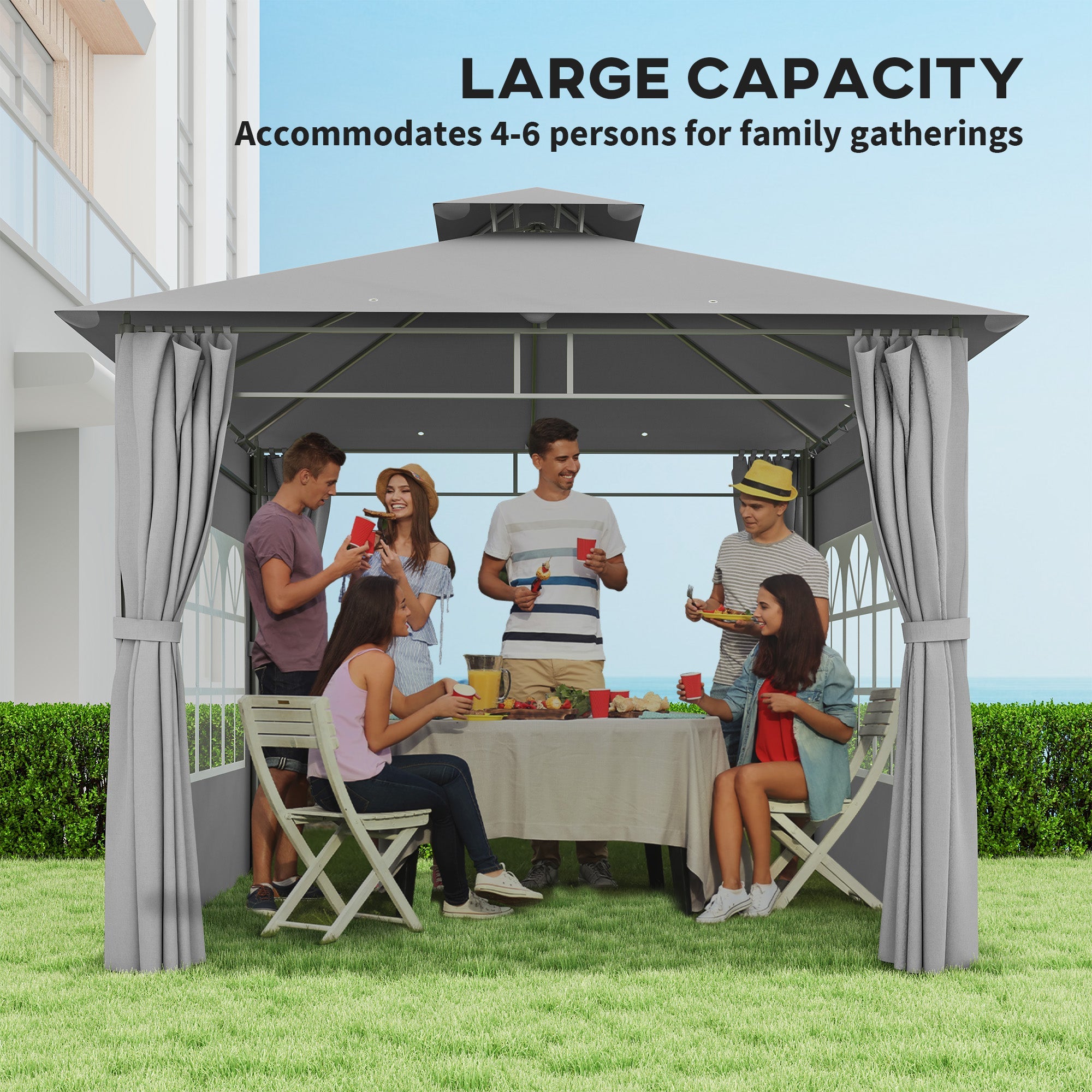 Outsunny 3 x 3 m Garden Gazebo, Double Roof Metal Gazebo with Removable Sidewalls and Church Windows, Outdoor Canopy Shelter, Light Grey 