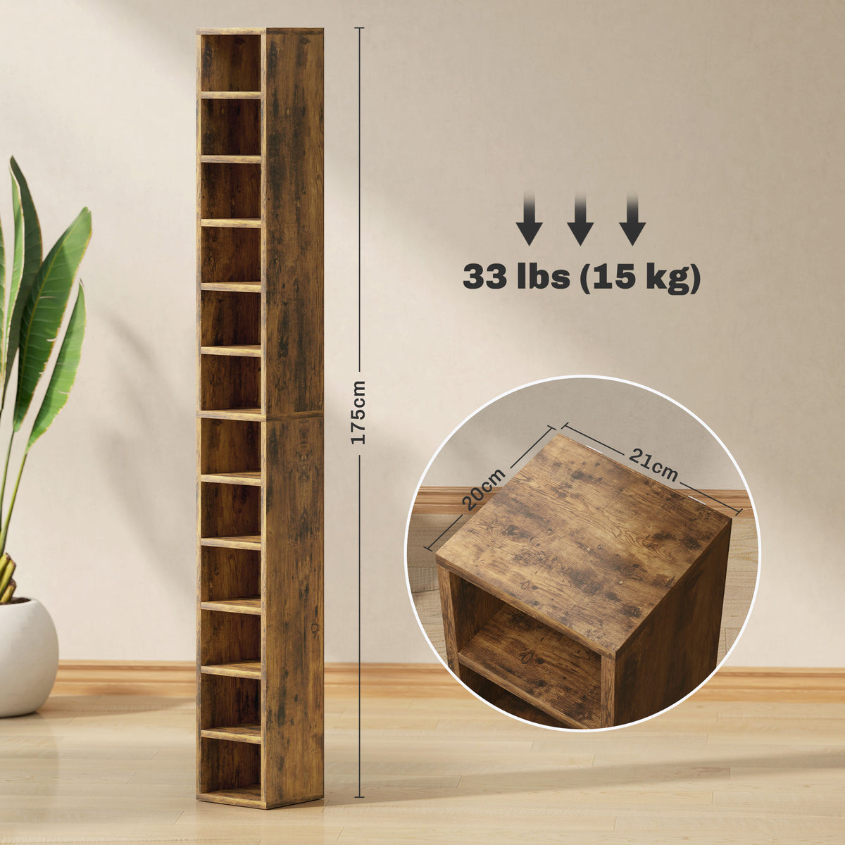 HOMCOM 204 CD Tall Narrow Media Storage Tower - Rustic Brown 