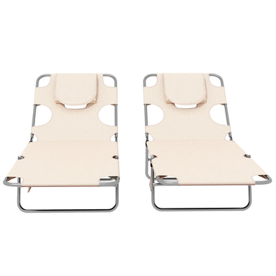 Outsunny Foldable Sun Lounger Set of 2, Beach Chaise Lounges with Reading Hole, Arm Slots, 5-Position Adjustable Backrest, Side Pocket, Pillow for Patio, Garden, Beach, Pool, Beige 