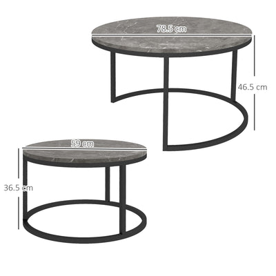 HOMCOM Industrial Nesting Coffee Table Set of 2, Round Coffee Tables, Living Room Table with Faux Marbled Top and Steel Frame 