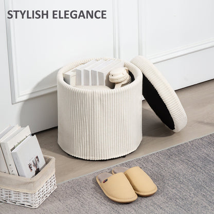 HOMCOM 40cm Round Storage Ottoman, Corduroy Footstool with Removable Lid and Legs, Vanity Stool for Living Room, Bedroom, Beige 
