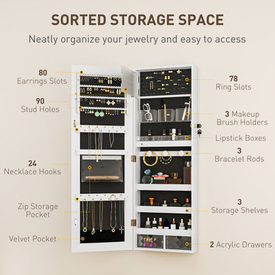 HOMCOM 108 x 37cm Lockable Jewellery Cabinet, with LED Lights - White Surface and Black Lining 