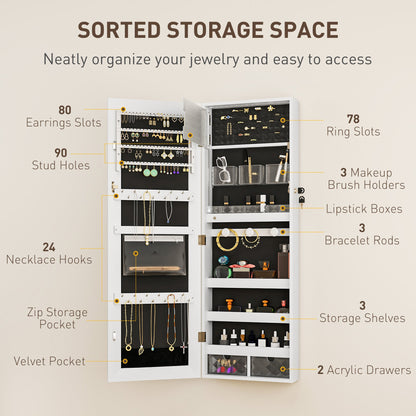 HOMCOM 108 x 37cm Lockable Jewellery Cabinet, with LED Lights - White Surface and Black Lining 