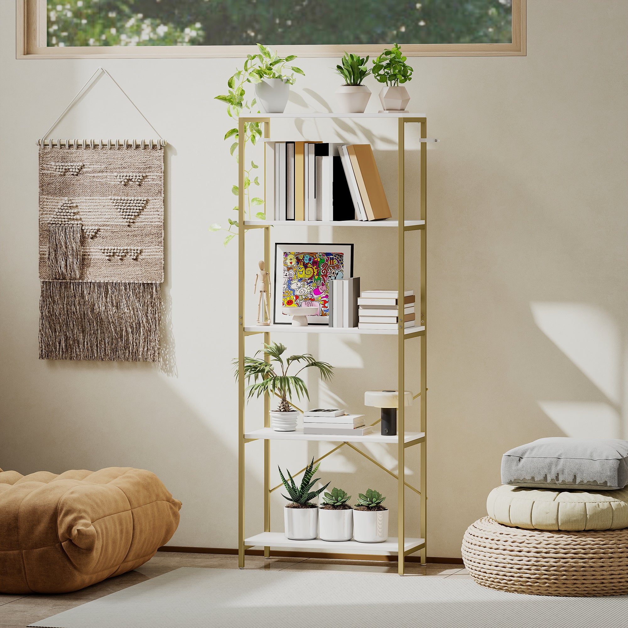 HOMCOM 5-Tier Bookshelf, Modern Bookcase with Metal Frame - White and Gold Tone 