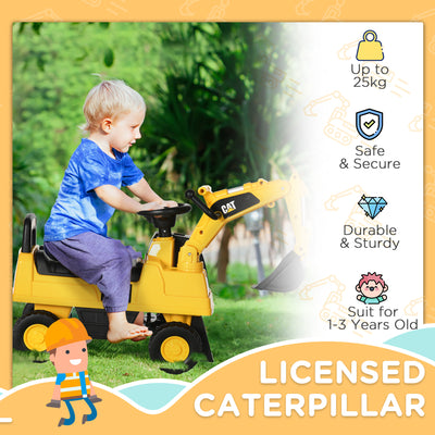 HOMCOM CAT Licensed Kids Ride on Digger Toddler Pretend Construction Play Toy Foot-To-Floor Ride-On Toy w/ Manual Shovel, Horn, Hidden Storage, for Ages 1-3 Years 