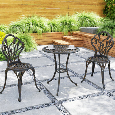 Outsunny 3 Piece Patio Bistro Set for 2, Outdoor Aluminium Garden Table and Chairs with Umbrella Hole for Balcony, Bronze Tone 