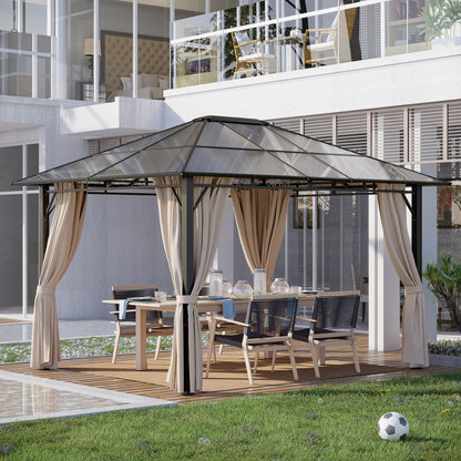 Outsunny 3 x 3.6m Hardtop Gazebo Canopy with Polycarbonate Roof Garden Pavilion with Removable Curtains and Steel Frame, Brown 