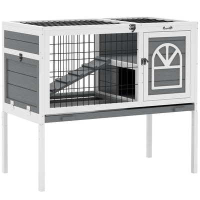 PawHut Wooden Rabbit Hutch, Guinea Pig Cage, with Removable Tray, Openable Roof, Grey 