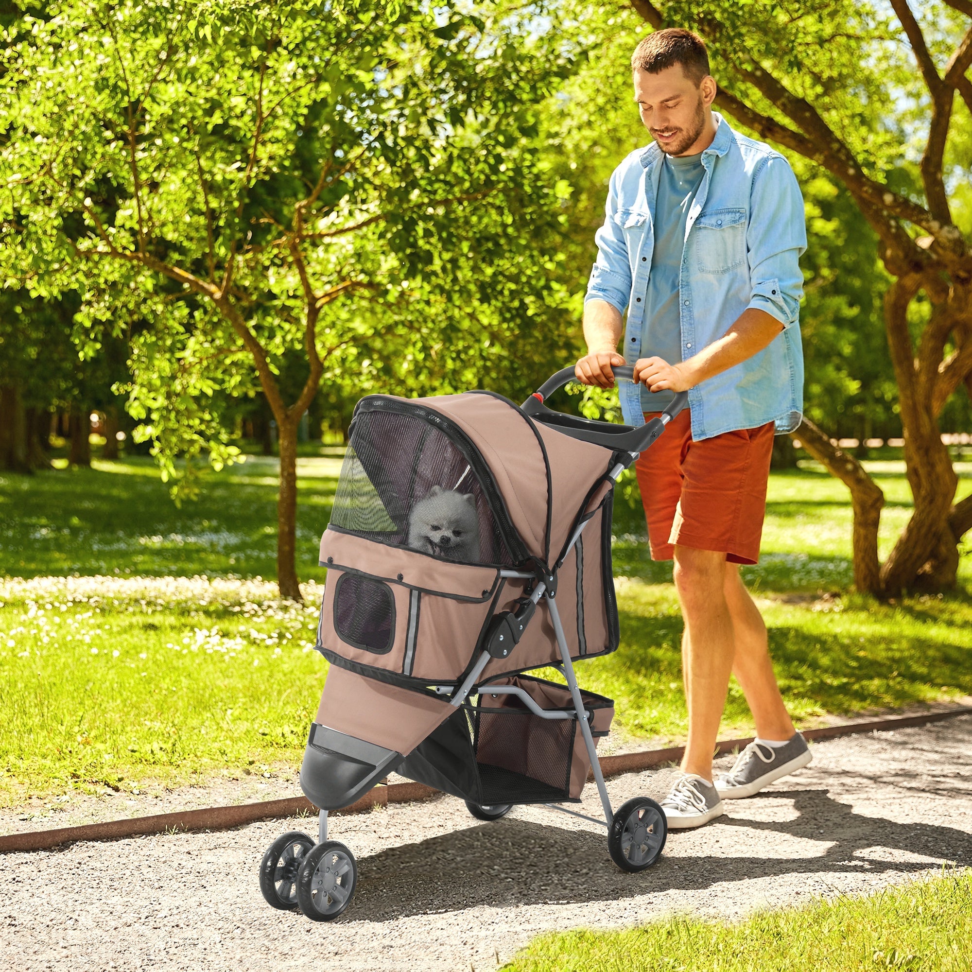 PawHut Dog Stroller, 3 Wheels Foldable Cat Dog Pram with Cup Holder, Storage Basket, Pet Stroller for Small Miniature Dogs, Brown 