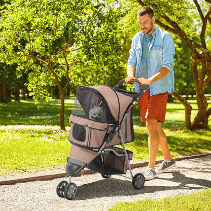 PawHut Dog Stroller, 3 Wheels Foldable Cat Dog Pram with Cup Holder, Storage Basket, Pet Stroller for Small Miniature Dogs, Brown 
