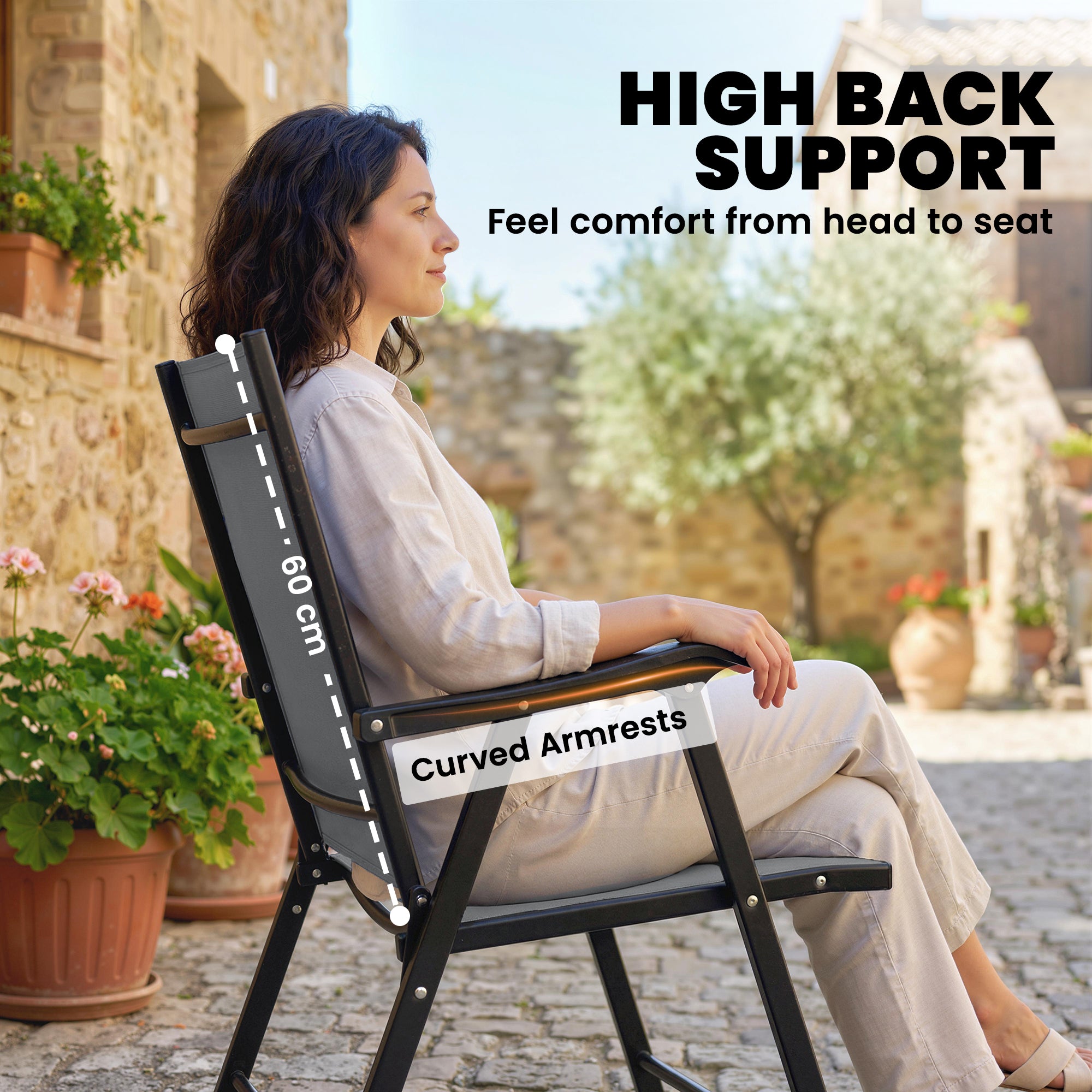 Outsunny Folding Garden Chairs Set of 2, Foldable Garden Dining Chairs with High Back, Armrests, Texteline Seat, Light Grey 