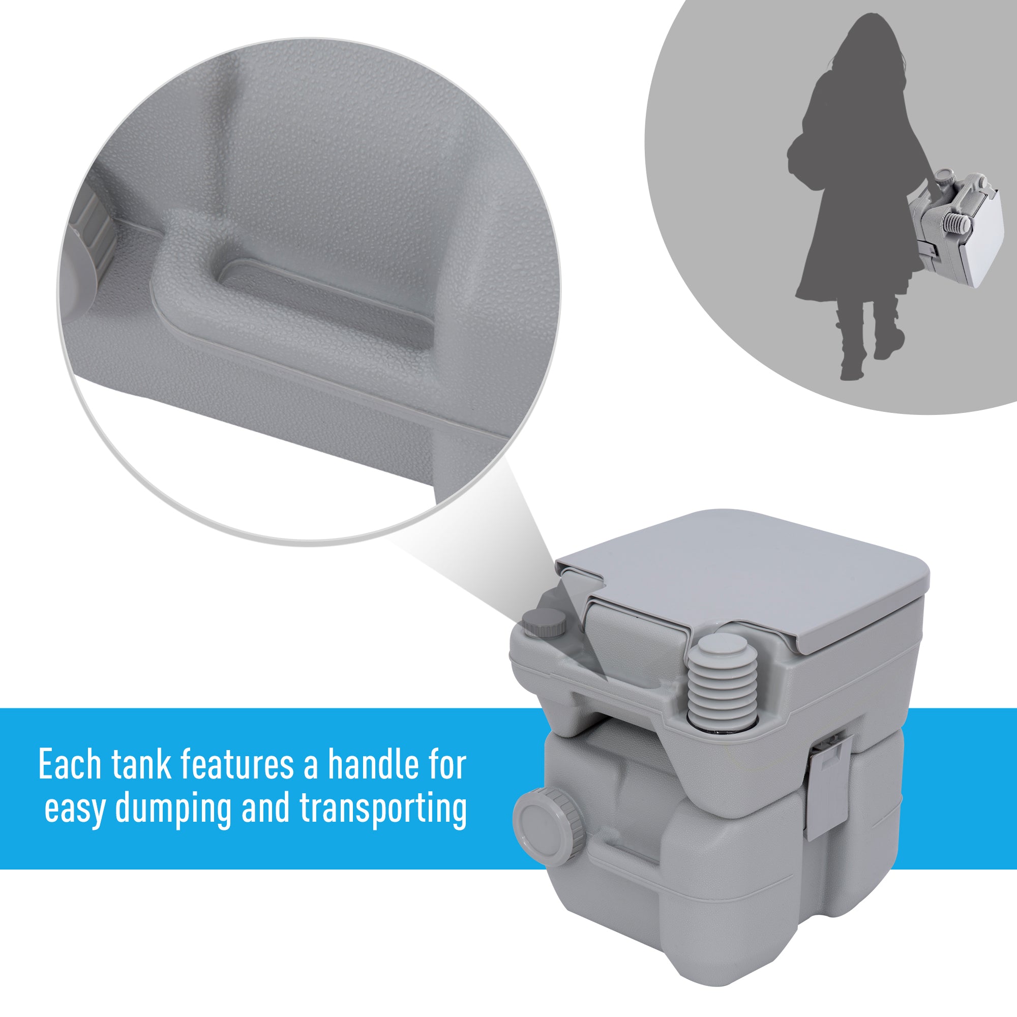 Outsunny 20L Portable Travel Mobile Toilet Outdoor Camping Handle WC with 2 Detachable Tanks & Push-button Operation, Grey 