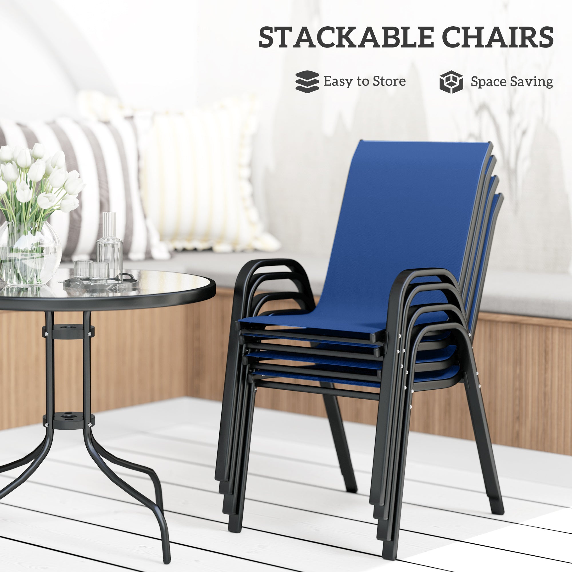 Outsunny Five-Piece Steel Patio Set, with Glass-Top Table - Dark Blue 
