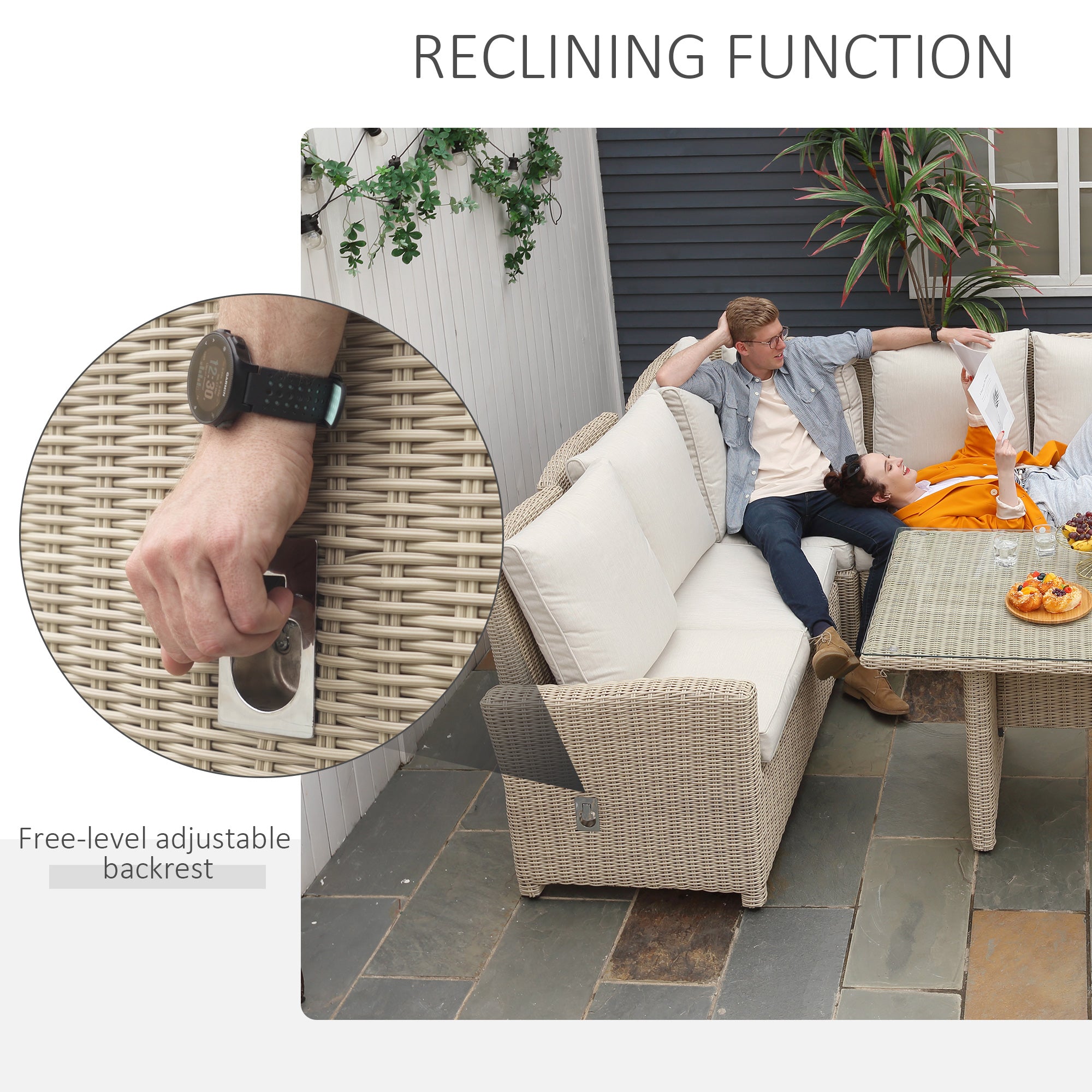Outsunny 5 PCS Reclining PE Rattan Garden Dining Set Bonzer Patio Furniture w/ Sofa Chairs Glass Table, Olefin Cushions Adjustable Feet Stylish Lounge Conversation 