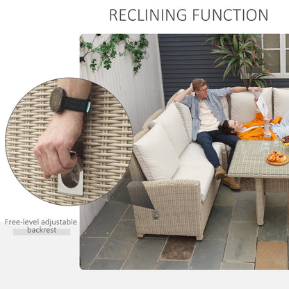 Outsunny 5 PCS Reclining PE Rattan Garden Dining Set Bonzer Patio Furniture w/ Sofa Chairs Glass Table, Olefin Cushions Adjustable Feet Stylish Lounge Conversation 