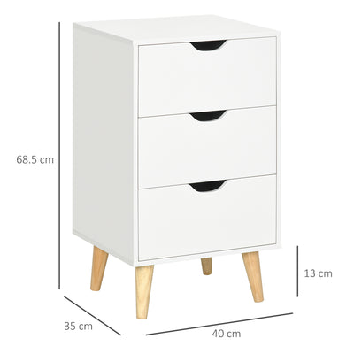 HOMCOM Bedside Table, Bedside Cabinet with 3 Drawers, Small Side Table with Wood Legs and Cut-out Handles for Bedroom, White 