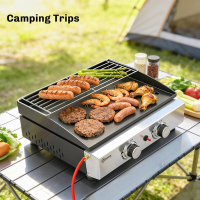 Outsunny 2 Burner Grill Griddle, Portable Gas Plancha with Warming Rack, 5 kW, Tabletop Gas BBQ with Grease Cup, Black 