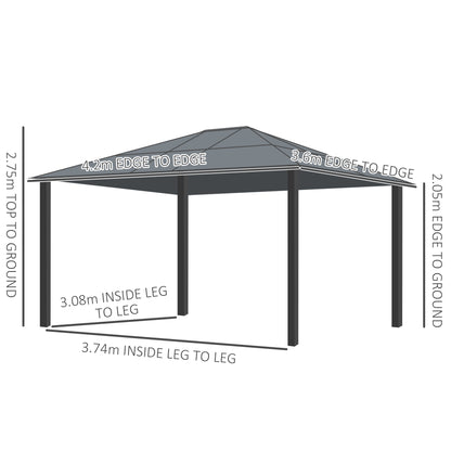 Outsunny 3.6 x 4m Hardtop Gazebo Canopy with Polycarbonate Roof and Aluminium Frame, Garden Pavilion with Mosquito Netting and Curtains 