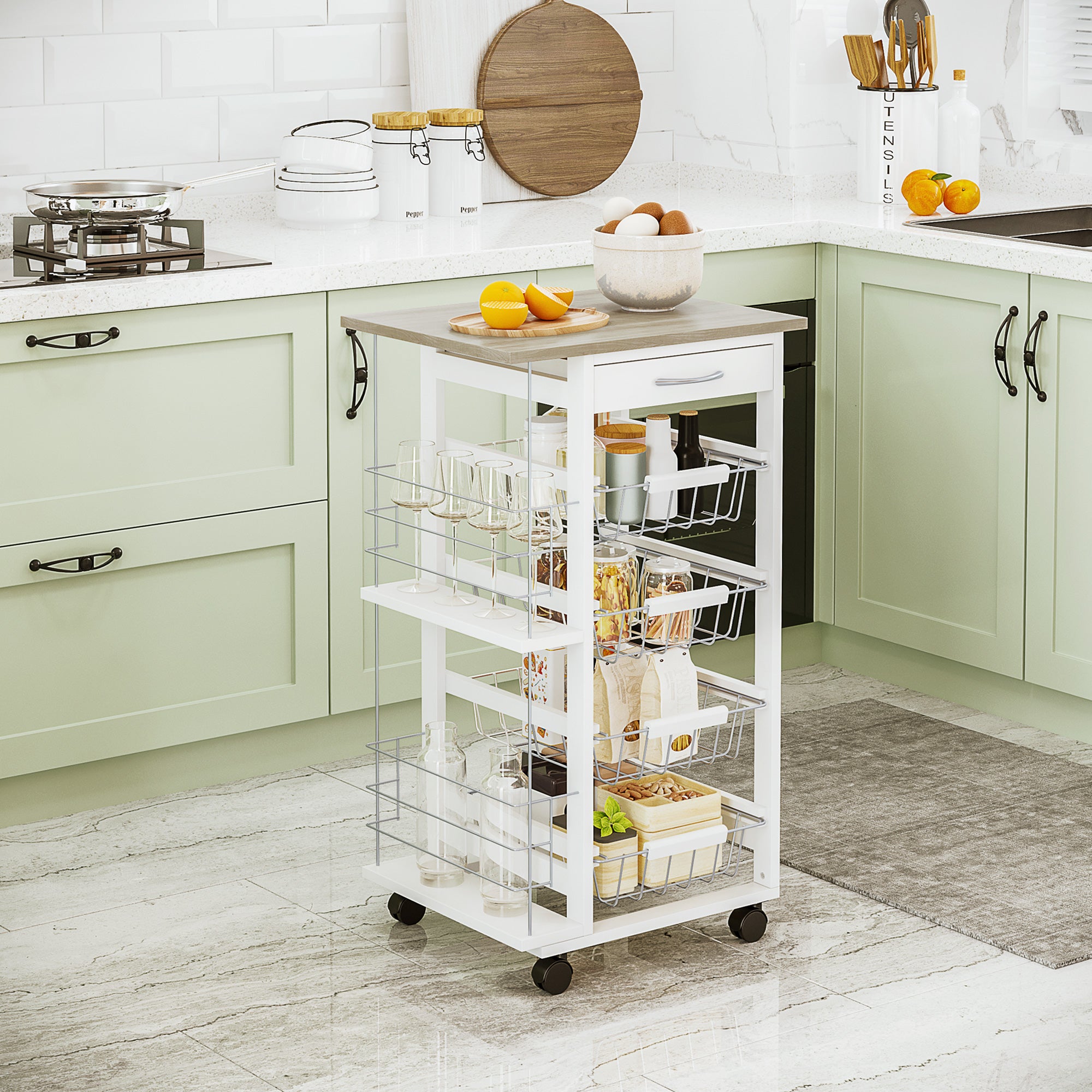 HOMCOM Rolling Kitchen Cart, Utility Storage Cart with 4 Basket Drawers & Side Racks, Wheels for Dining Room, Natural and White 