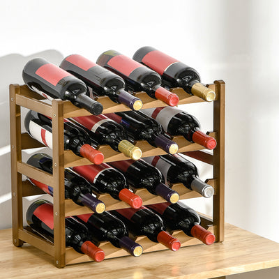 HOMCOM Free Standing Bamboo Wine Rack with 16 Bottles Holder, 4-tier Water Bottle Organiser, Display Shelf for Countertop, Home Bar, Brown 