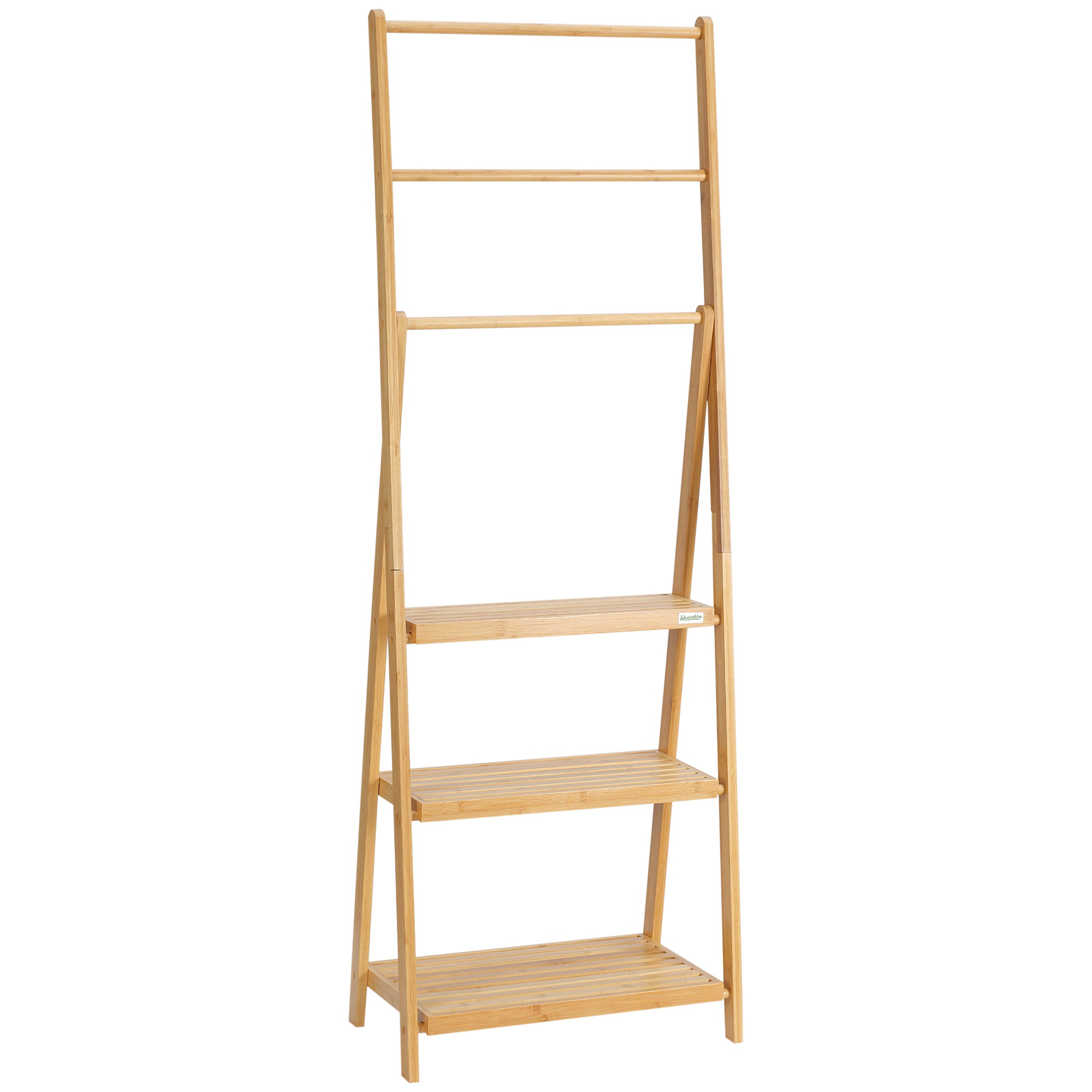 kleankin Freestanding Natural Bamboo Towel Rack with 3 Towel Rails and 3 Storage Shelves, Space-Saving Foldable Towel Holder for Bathroom