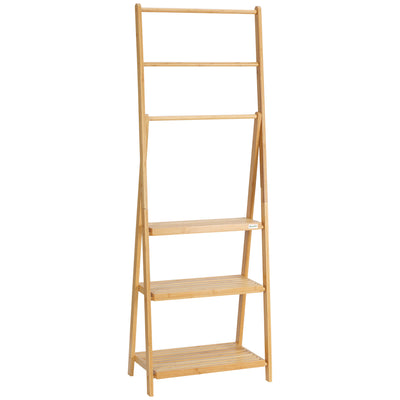 kleankin Freestanding Natural Bamboo Towel Rack with 3 Towel Rails and 3 Storage Shelves, Space-Saving Foldable Towel Holder for Bathroom 