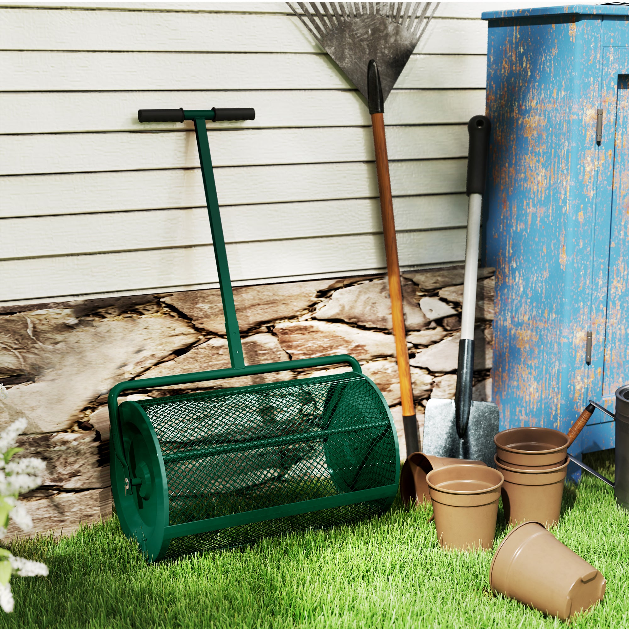 Outsunny Compost Spreader, 24" Peat Moss Spreader with Height Adjustable T Shaped Handle and Metal Mesh Basket, Garden Spreader for Seeding, Spreading Manure, Green 