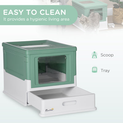 PawHut Hooded Cat Litter Box, Portable Pet Toilet, with Scoop, Front Entry - Green 