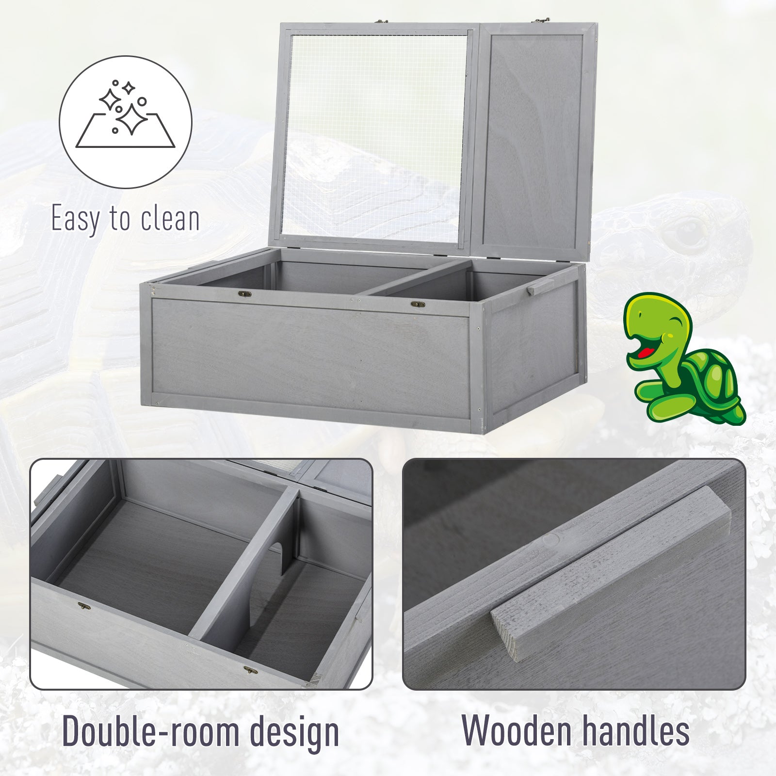 PawHut 94 cm Wooden Tortoise House Turtle Habitat Small Reptile Cage Enclosure with Two Room Grey 