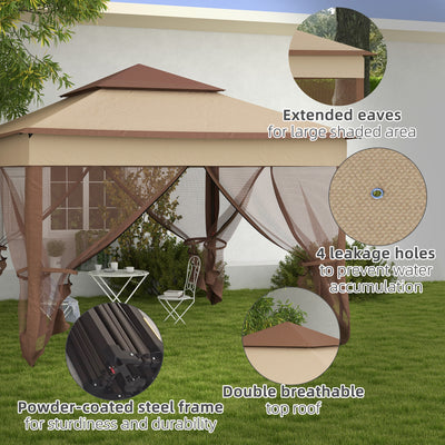 Outsunny 3 x 3(m) Pop Up Gazebo, Double-roof Garden Tent with Netting and Carry Bag, Party Event Shelter for Outdoor Patio, Khaki 