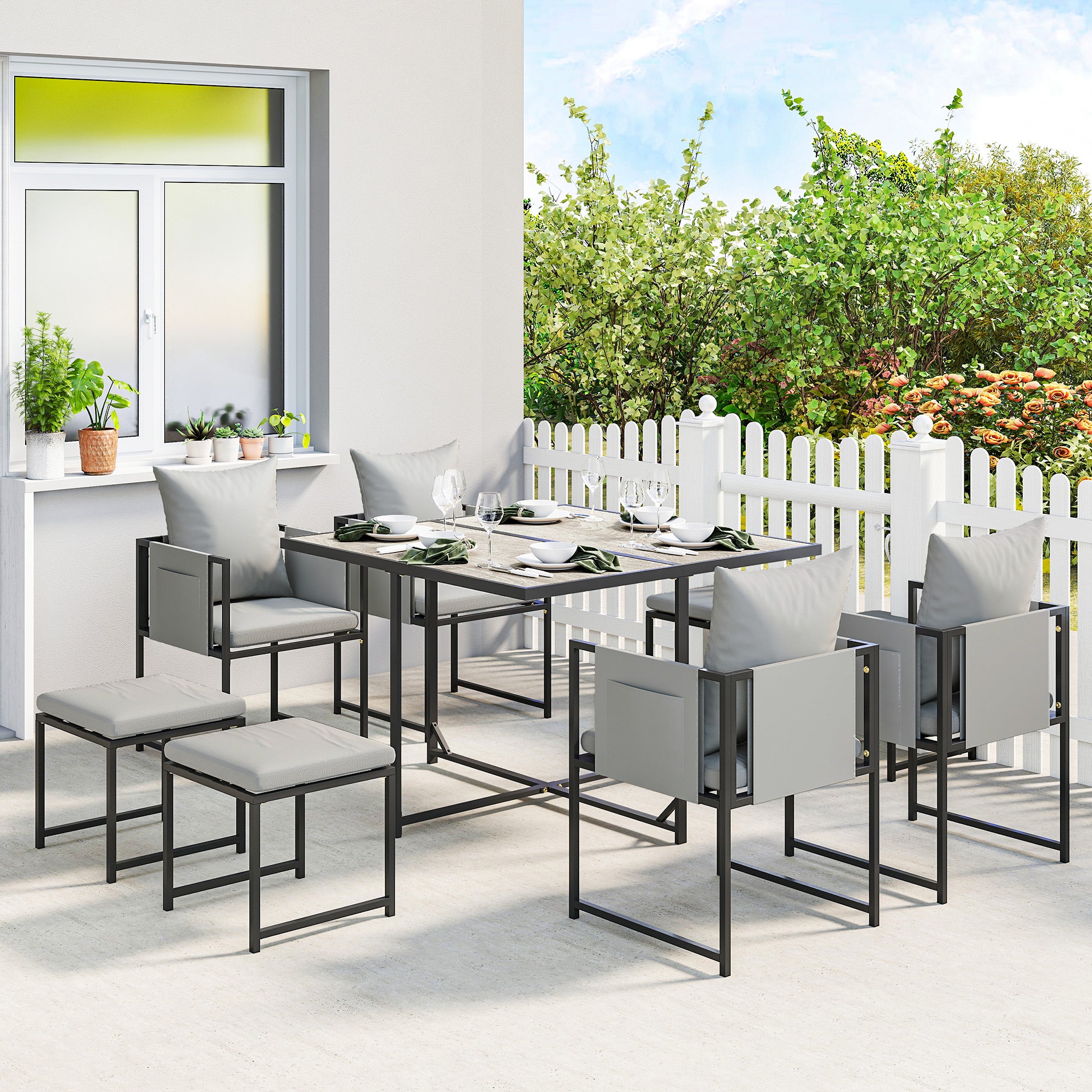 Outsunny Nine-Piece Steel Frame Garden Dining Set - Dark Grey 