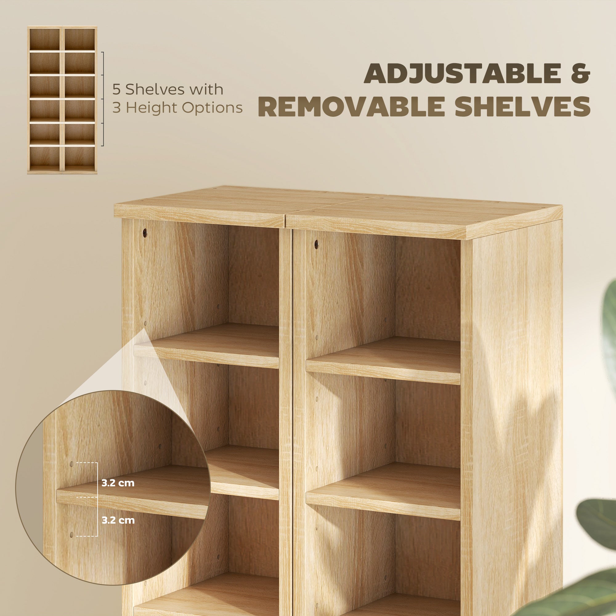 HOMCOM Set of 2 CD Media Display Shelf Unit Tower Rack with Adjustable Shelves, Oak 