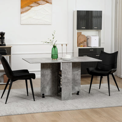 HOMCOM Folding Dining Table, Drop Leaf Table with 2-Tier Shelves, Rolling Casters, for Small Spaces, Kitchen, Cement Grey 