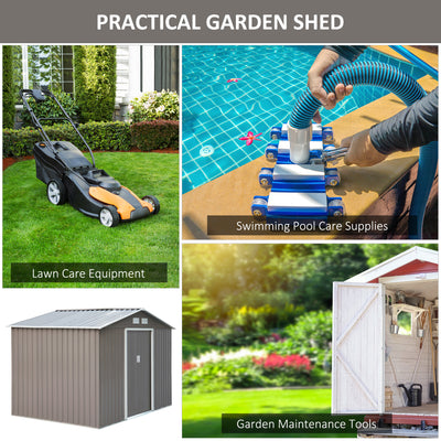 Outsunny 9 x 6FT Outdoor Garden Roofed Metal Storage Shed Tool Box with Foundation Ventilation & Doors Light, Grey 