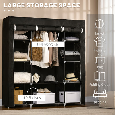 HOMCOM Portable Wardrobe, Foldable Fabric Wardrobe, 150 x 43 x 162.5cm, Clothes Storage Organiser with Hanging Rail, Shelves, Fabric Cover for Bedroom, Black 
