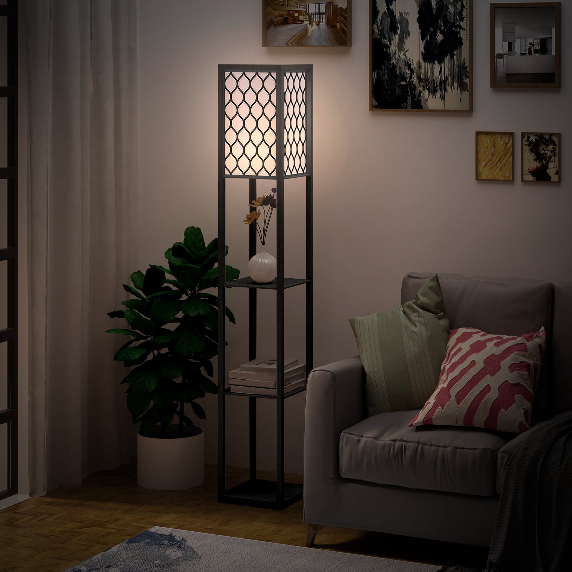 HOMCOM Shelf Floor Lamp Standing Lamp W/4-tier Wooden Open Shelves,26L x 26W x 160Hcm-Black/White 