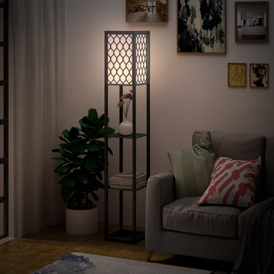 HOMCOM Shelf Floor Lamp Standing Lamp W/4-tier Wooden Open Shelves,26L x 26W x 160Hcm-Black/White 